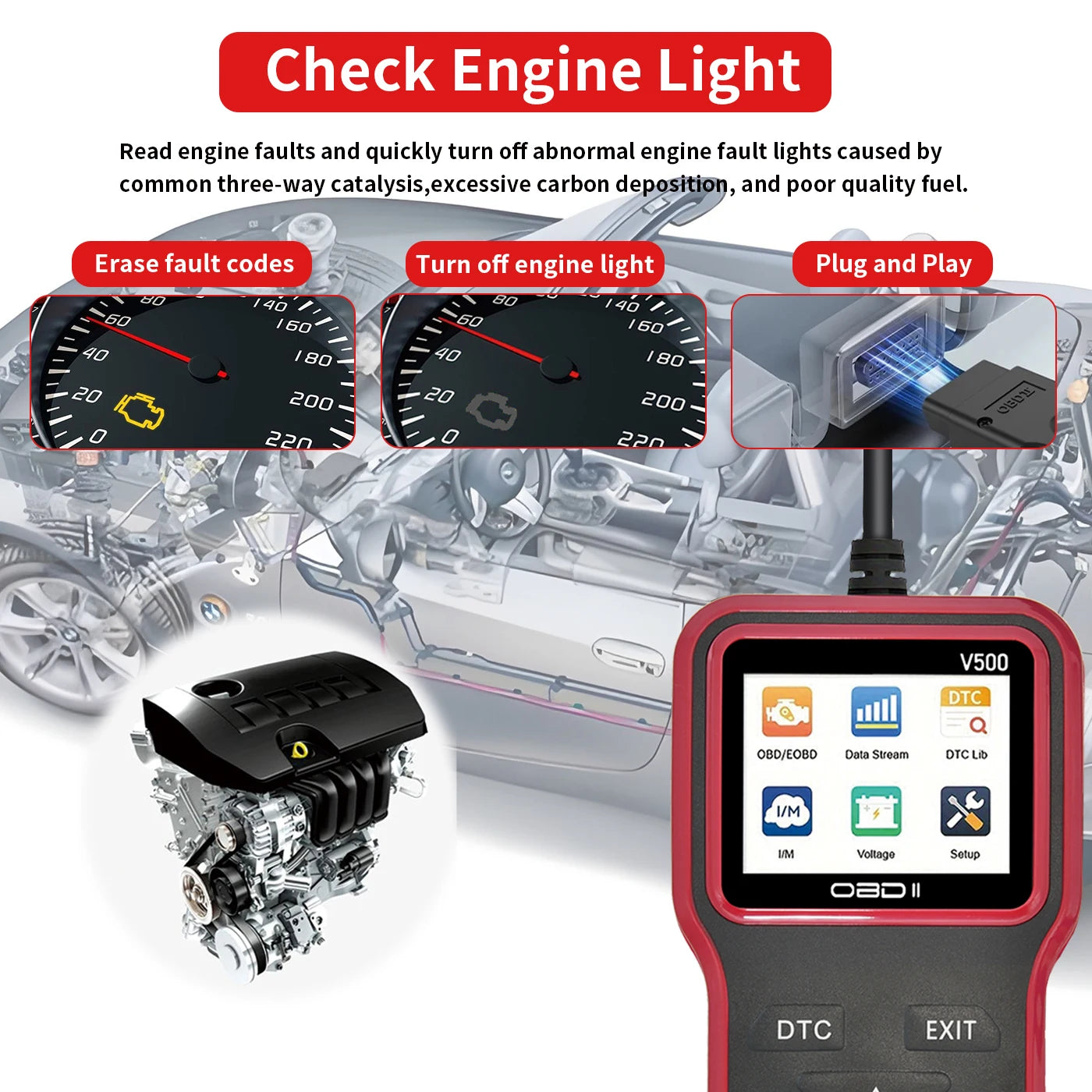 Escáner de diagnóstico de coche Jexiwe V500 OBD2 — Lector de códigos de fallos de motor y comprobador de voltaje