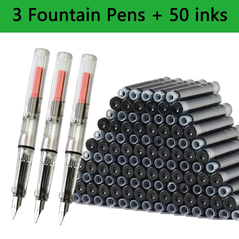 53-Piece Fountain Pen & Ink Refill Set — 3 Pens + 50 Ink Cartridges in Black, Blue & Red