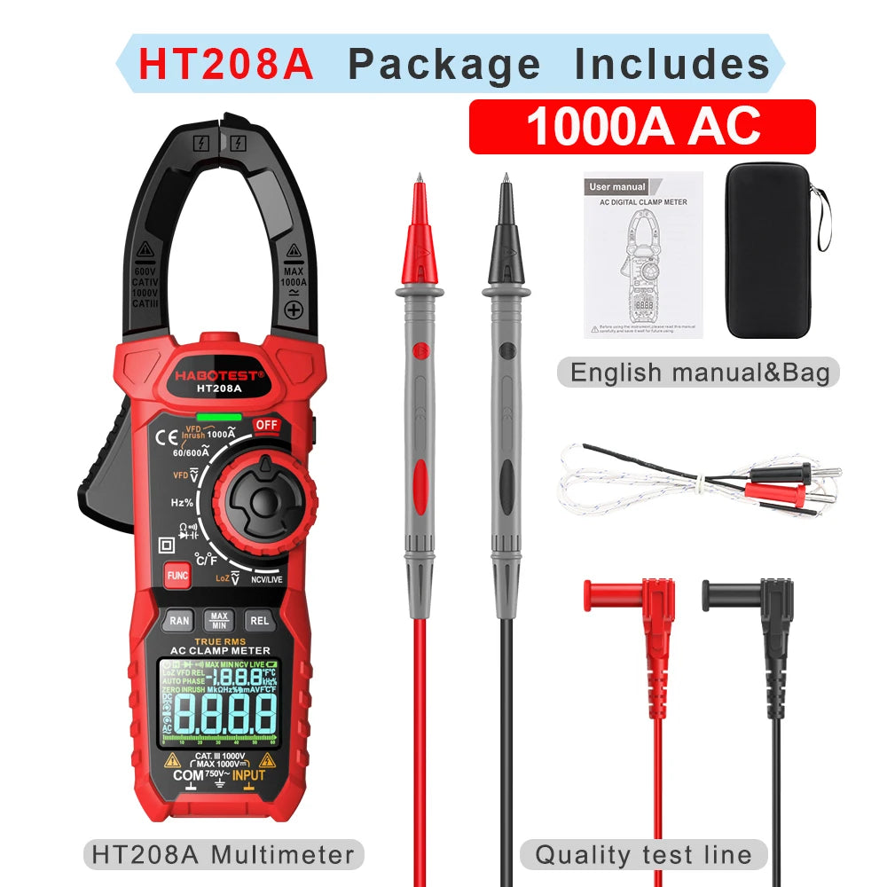 HABOTEST Digital Clamp Meter Multimeter — True RMS, AC/DC, 1000V/1000A