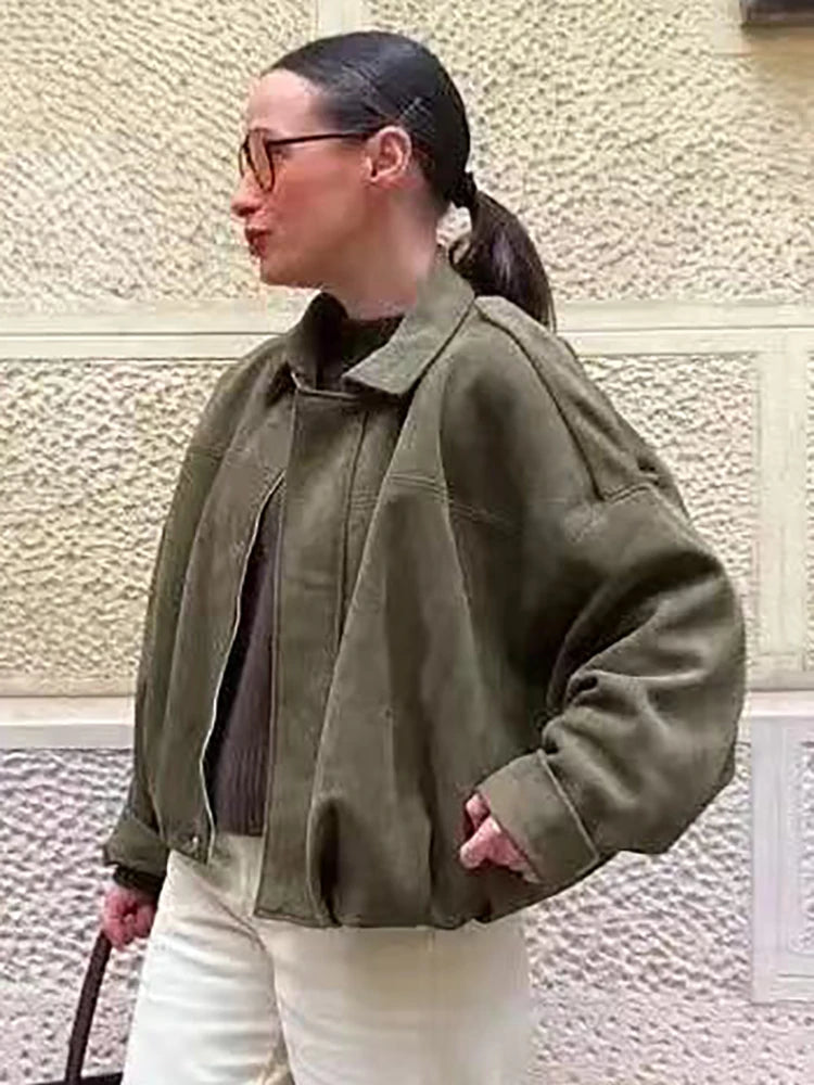Vintage Women’s Oversize Bomber Jacket — Elegant Loose Fit Green Zip-Up Outerwear