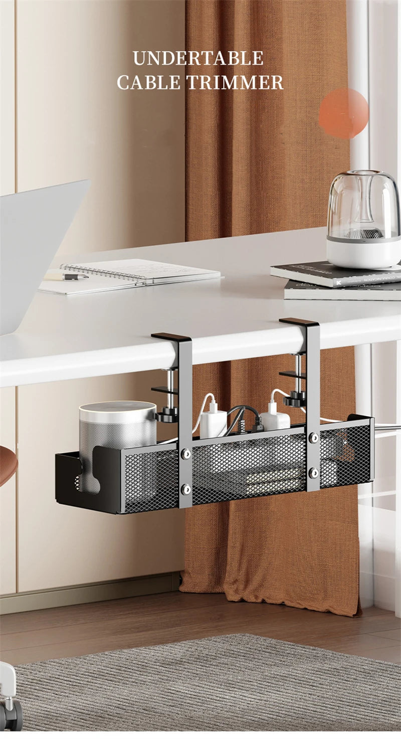 Under Desk Cable Management Tray — No-Drill Extendable Metal Wire Organizer with Clamp