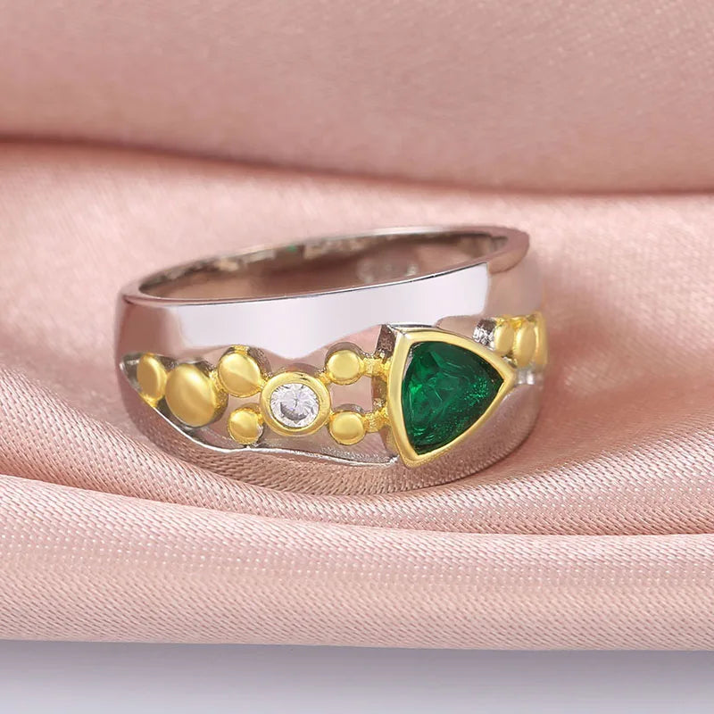 Huitan Two-Tone Triangular CZ Ring — Blue & Green Wedding & Engagement Band for Women