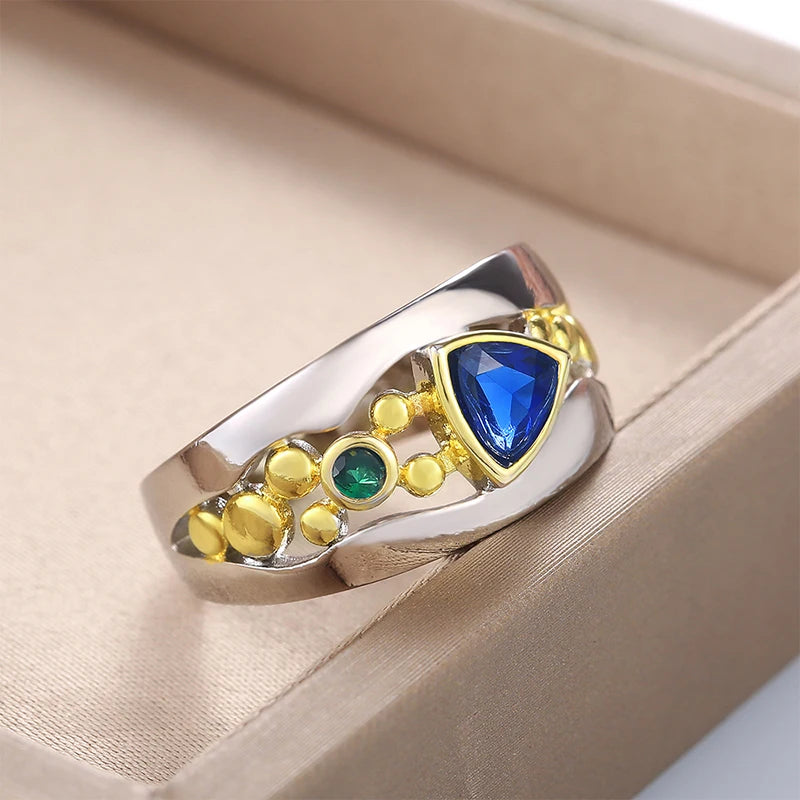 Huitan Two-Tone Triangular CZ Ring — Blue & Green Wedding & Engagement Band for Women