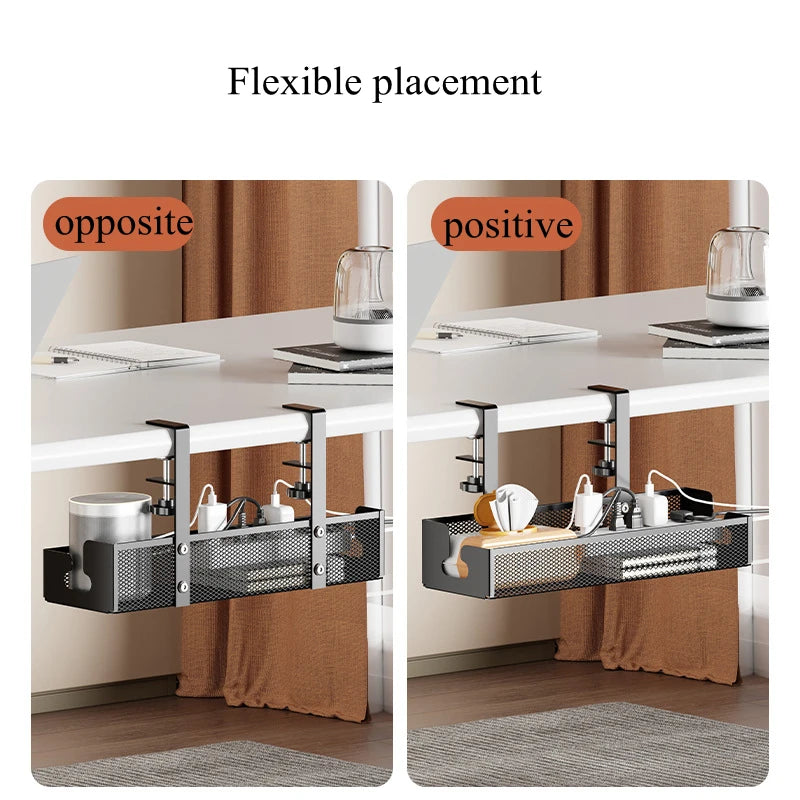 Under Desk Cable Management Tray — No-Drill Extendable Metal Wire Organizer with Clamp