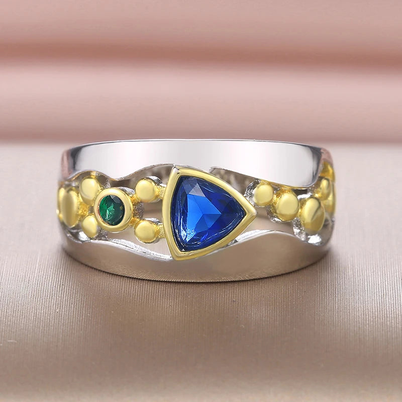 Huitan Two-Tone Triangular CZ Ring — Blue & Green Wedding & Engagement Band for Women