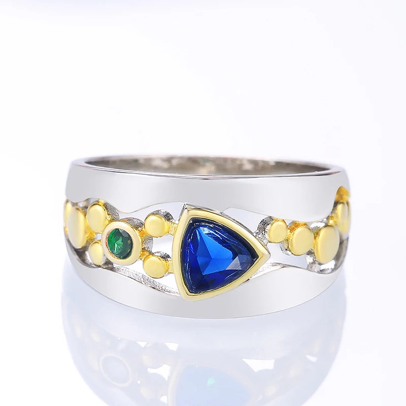 Two-Tone CZ Women's Ring — Blue & Green Geometric Band