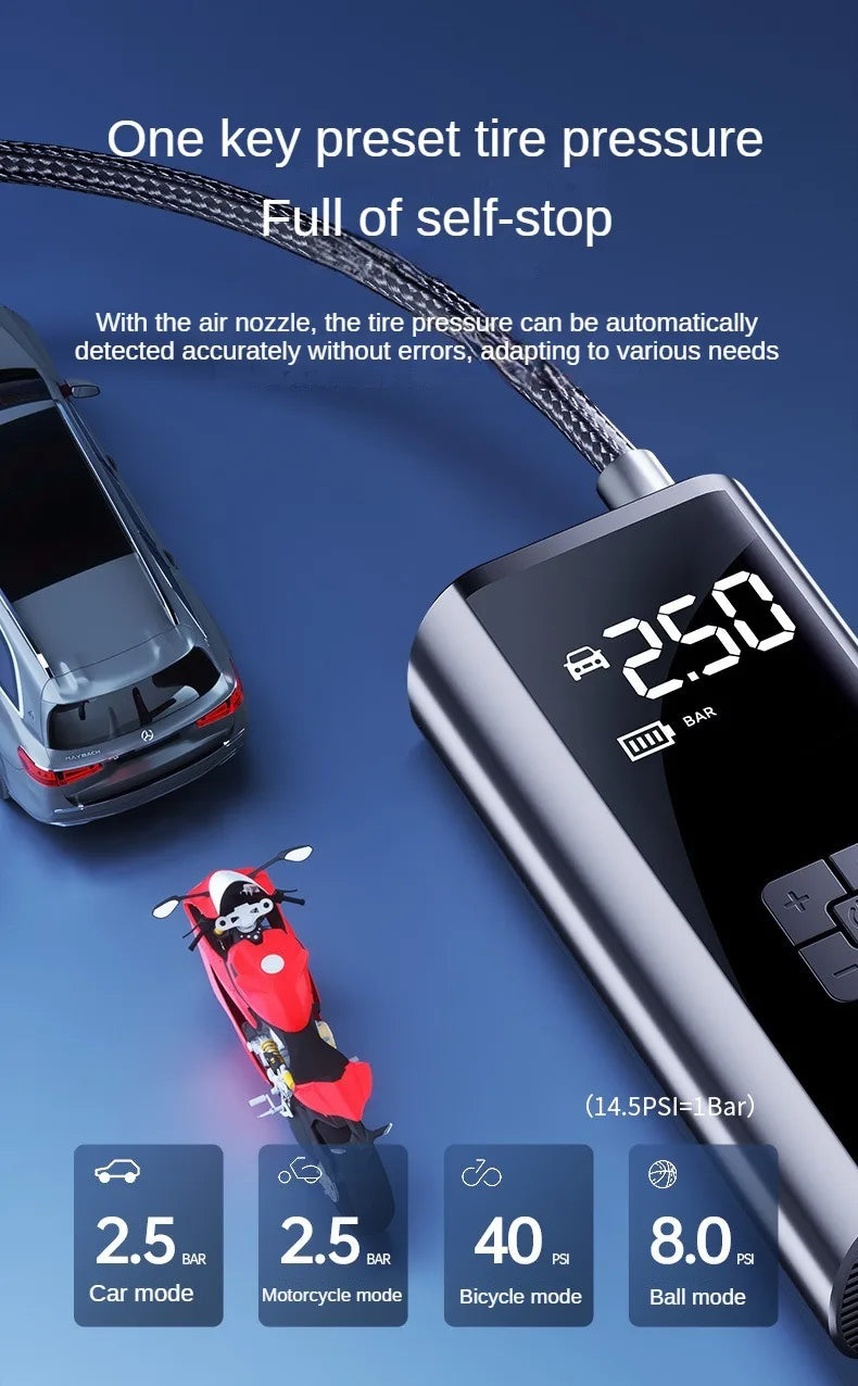 Compresor de aire portátil de 150 PSI para inflar neumáticos — Bomba compacta inalámbrica y con cable para coches, bicicletas y más