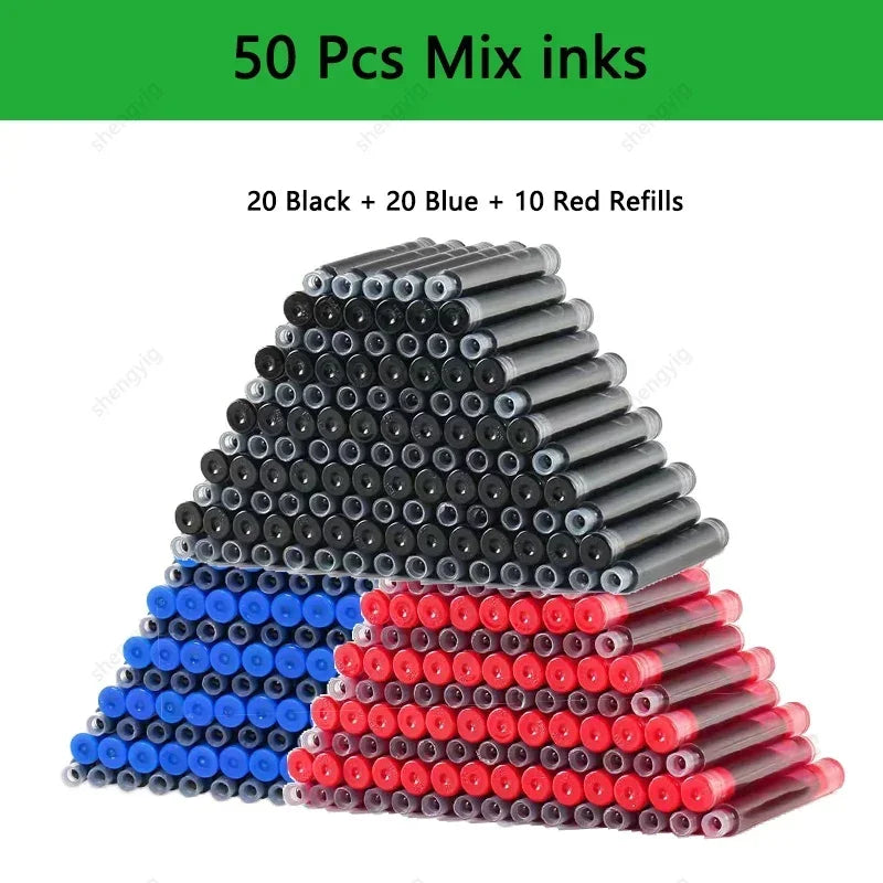 53-Piece Fountain Pen & Ink Refill Set — 3 Pens + 50 Ink Cartridges in Black, Blue & Red