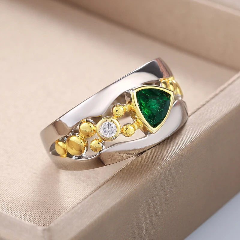Two-Tone CZ Women's Ring — Blue & Green Geometric Band