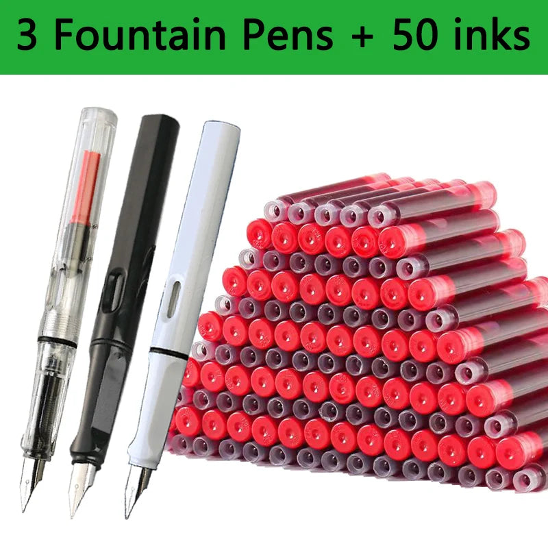 53-Piece Fountain Pen & Ink Refill Set — 3 Pens + 50 Ink Cartridges in Black, Blue & Red