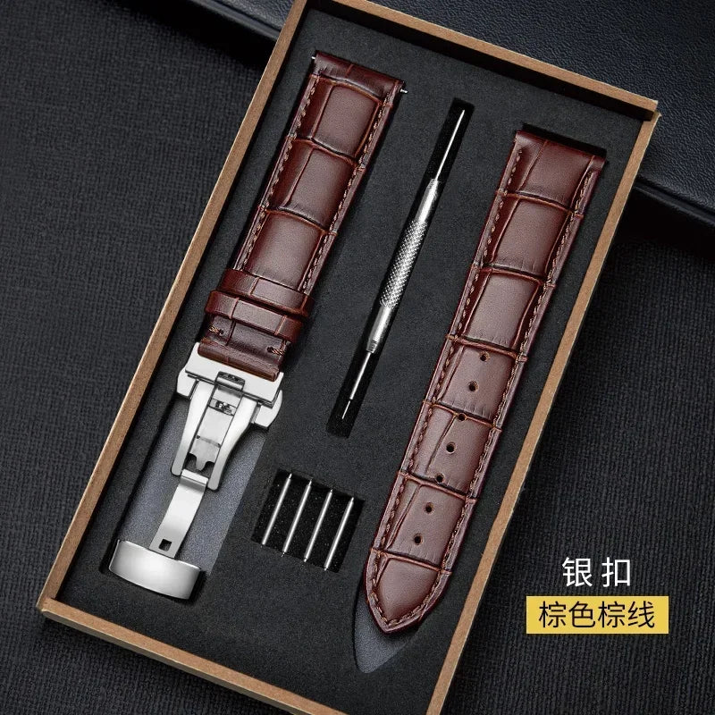 Correa de cuero genuino para reloj con caja de madera — Correa de repuesto con cierre desplegable de 18 mm/20 mm/22 mm
