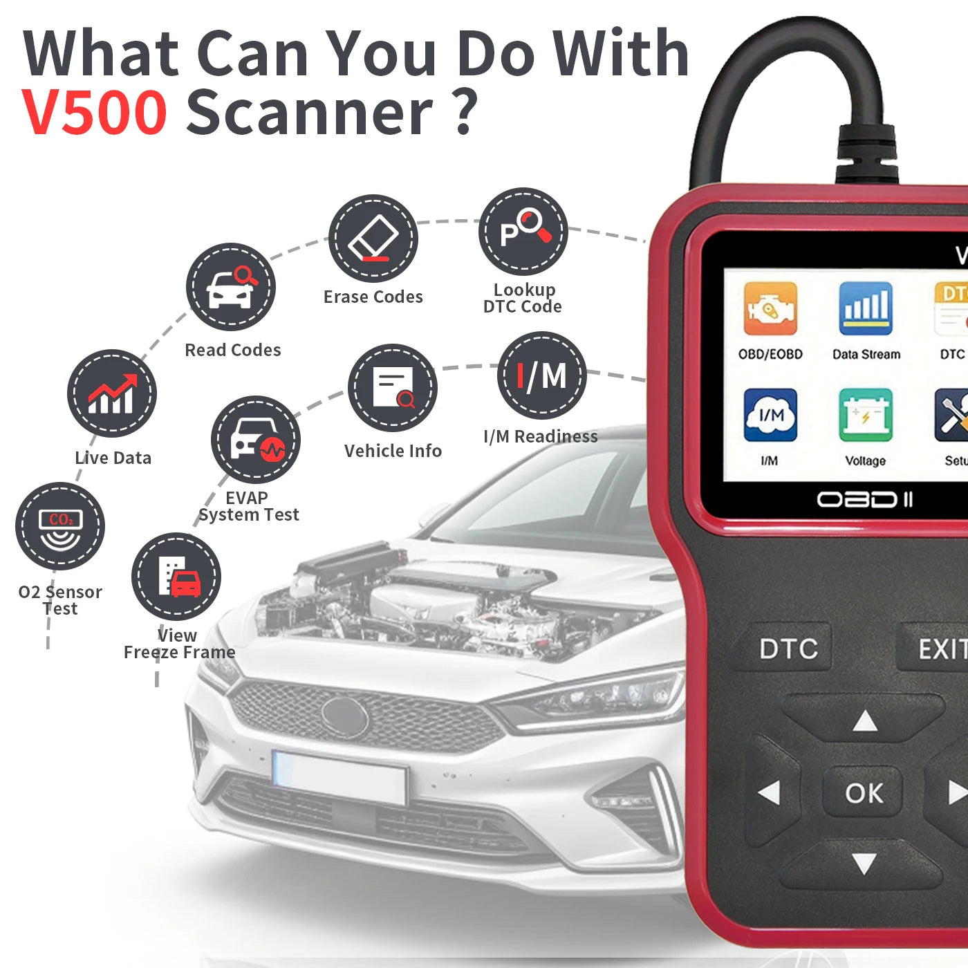 Escáner de diagnóstico de coche Jexiwe V500 OBD2 — Lector de códigos de fallos de motor y comprobador de voltaje