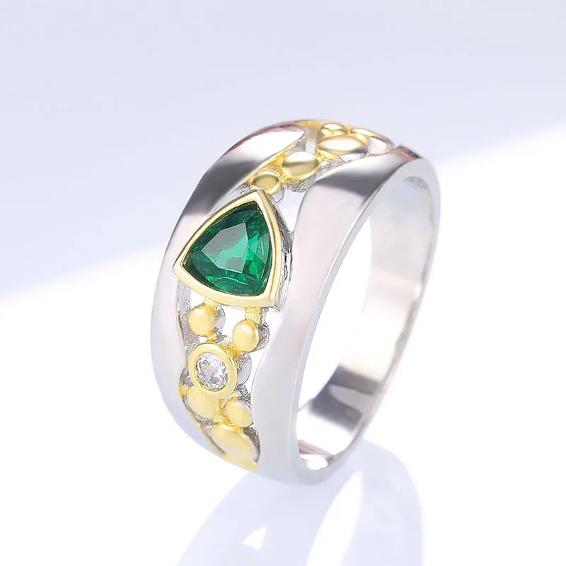 Two-Tone CZ Women's Ring — Blue & Green Geometric Band