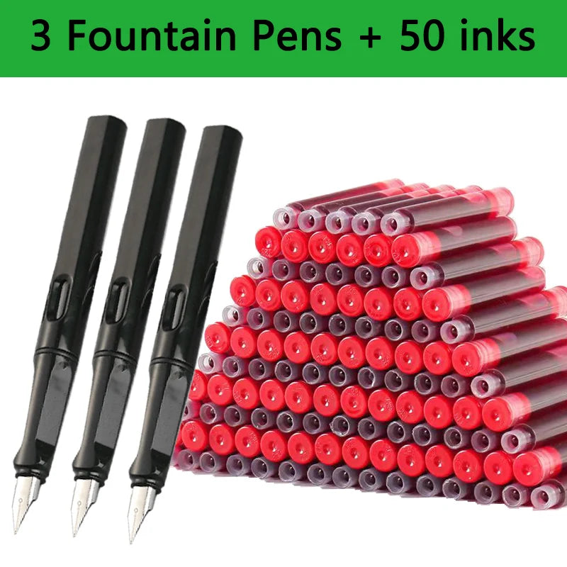 53-Piece Fountain Pen & Ink Refill Set — 3 Pens + 50 Ink Cartridges in Black, Blue & Red