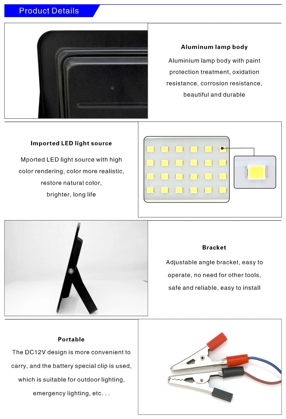 DC 12V LED Flood Light — 20W/30W/50W/100W Waterproof Outdoor Spotlight IP66