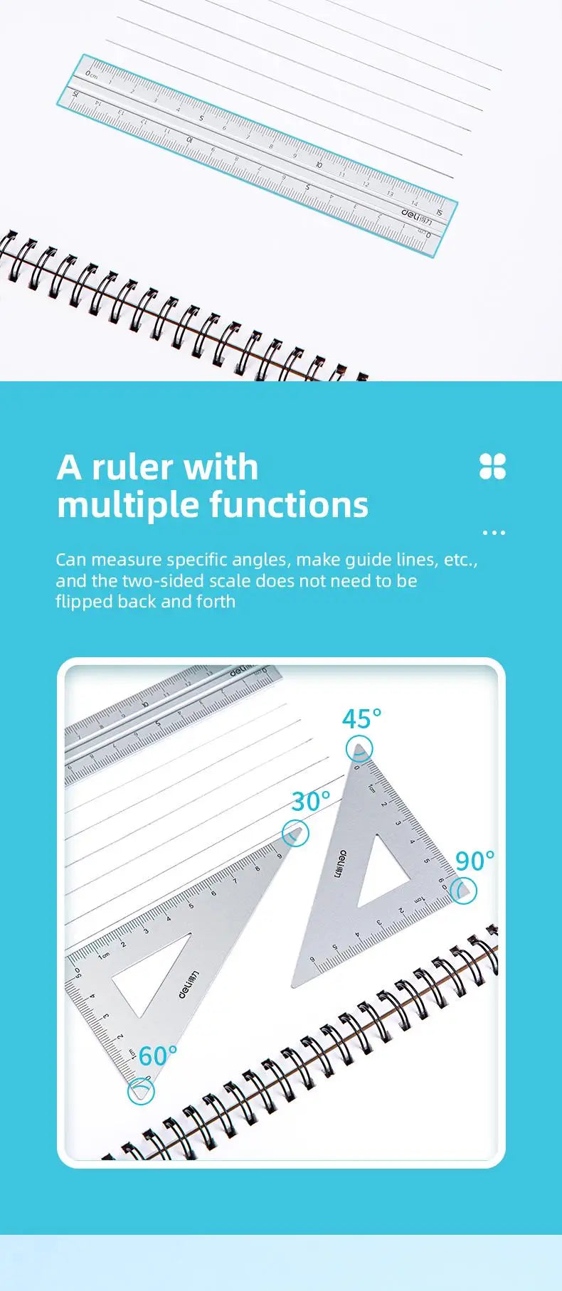 DELI 4-Piece Aluminum Drafting Ruler Set — Straight Ruler, Triangular Ruler & Protractor for School & Office