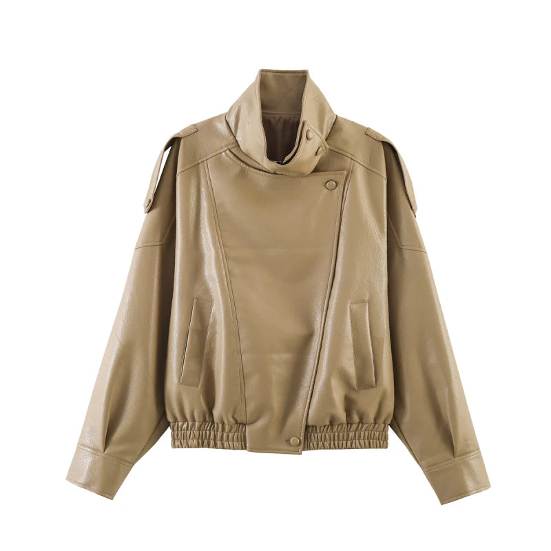 Women’s Faux Leather Zip-Up Jacket — Casual Streetwear Style