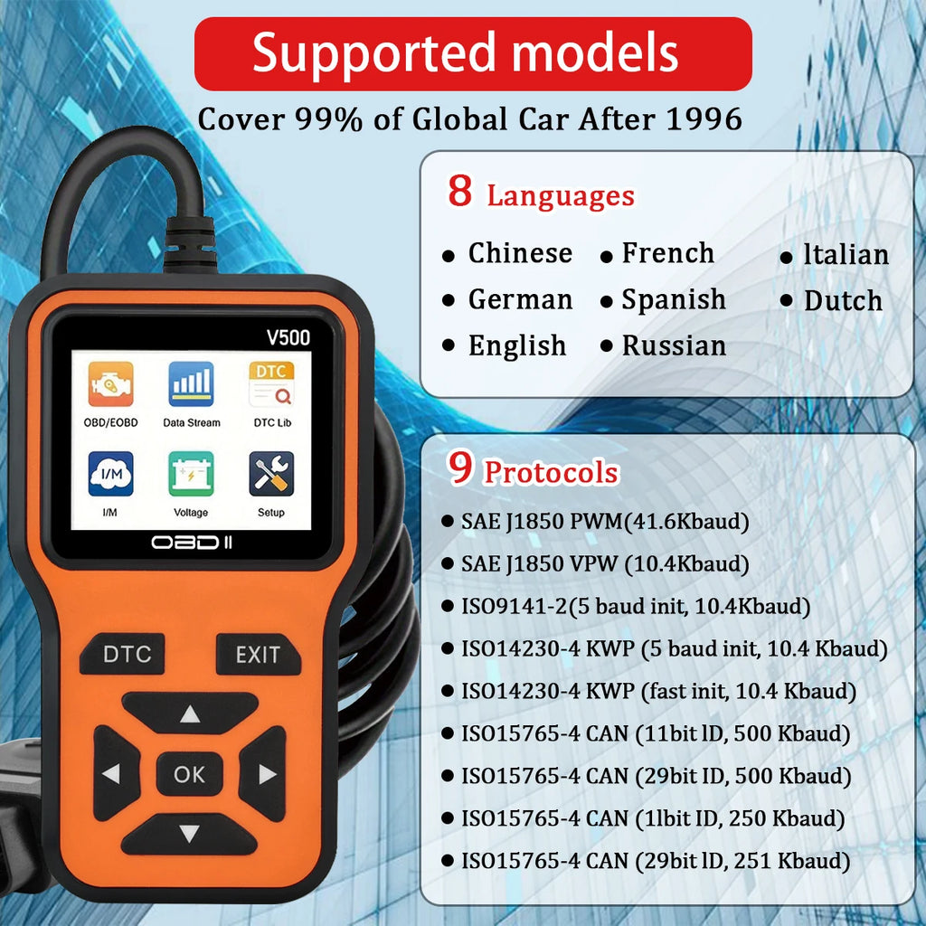 Escáner de diagnóstico de coche Jexiwe V500 OBD2 — Lector de códigos de fallos de motor y comprobador de voltaje