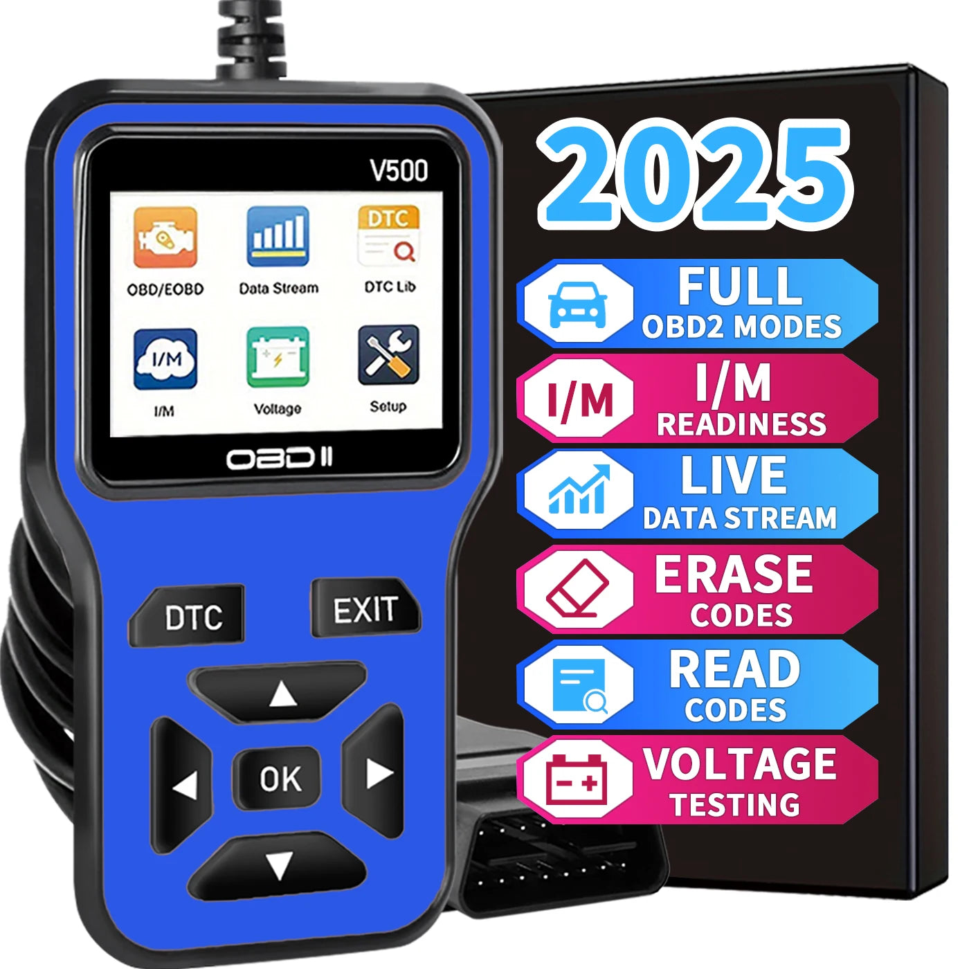 Jexiwe V500 OBD2 Car Diagnostic Scanner — Engine Fault Code Reader & Voltage Tester