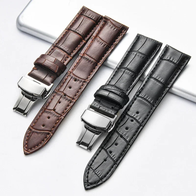 Genuine Leather Watch Band with Wooden Box — Butterfly Clasp Replacement Strap 18mm/20mm/22mm