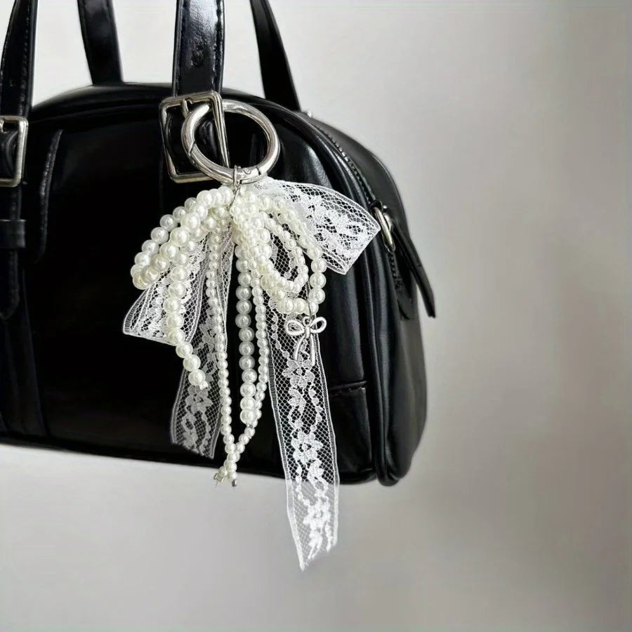 Pearl Lace Bow Pendant — Bag Charm & Key Chain Accessory