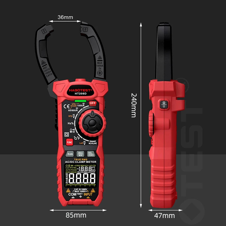HABOTEST HT208 AC/DC Digital Clamp Meter — True RMS Multimeter with NCV & Capacitance