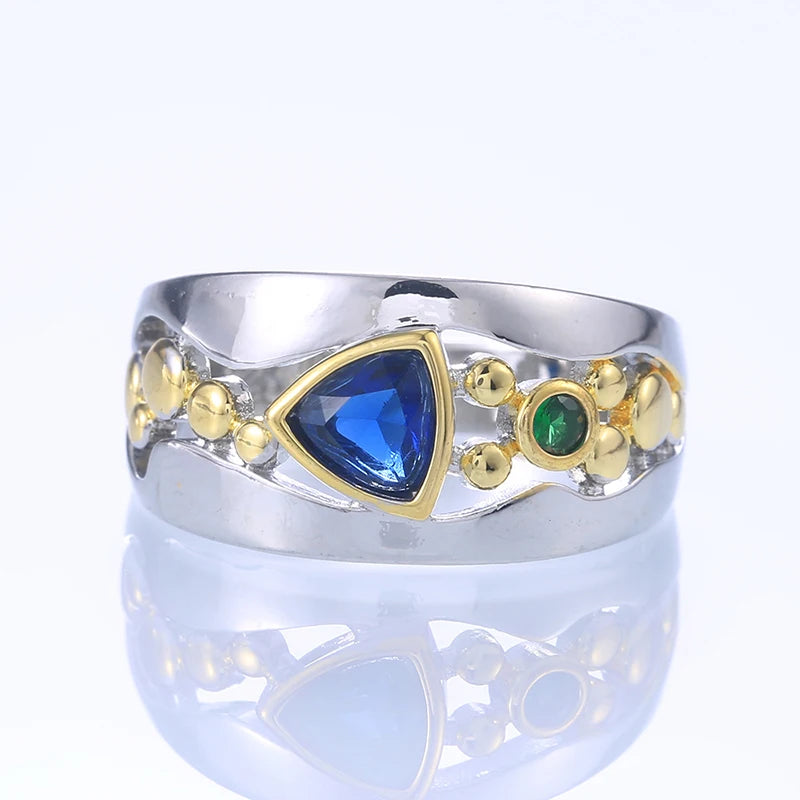 Huitan Two-Tone Triangular CZ Ring — Blue & Green Wedding & Engagement Band for Women