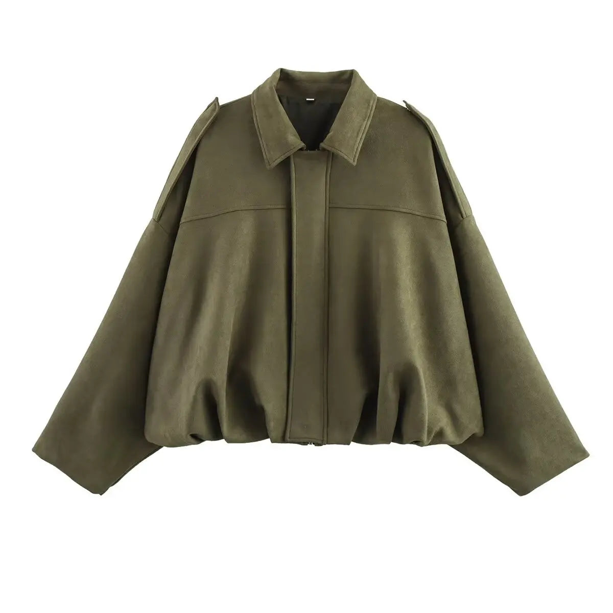 Vintage Women’s Oversize Bomber Jacket — Elegant Loose Fit Green Zip-Up Outerwear