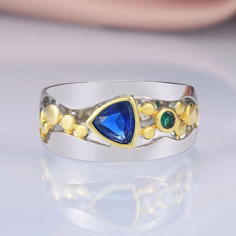 Huitan Two-Tone Triangular CZ Ring — Blue & Green Wedding & Engagement Band for Women