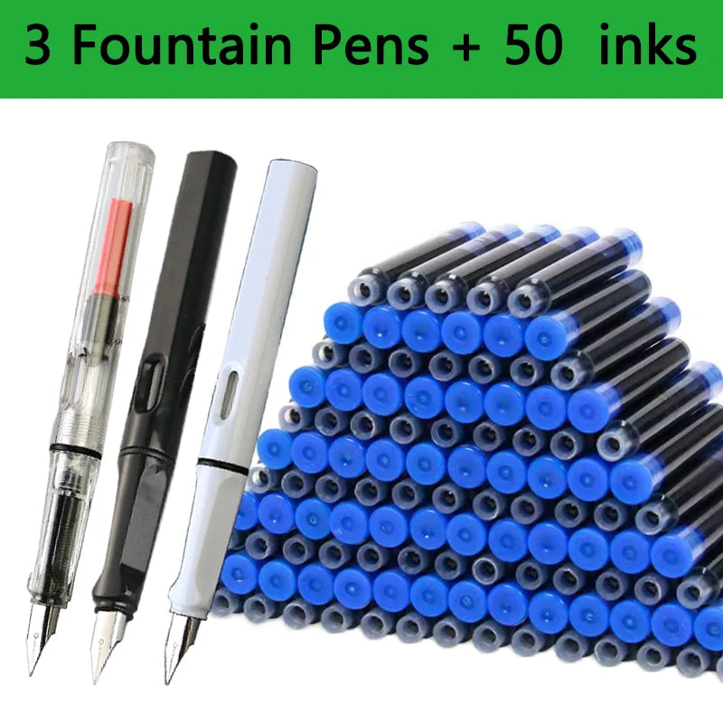 53-Piece Fountain Pen & Ink Refill Set — 3 Pens + 50 Ink Cartridges in Black, Blue & Red