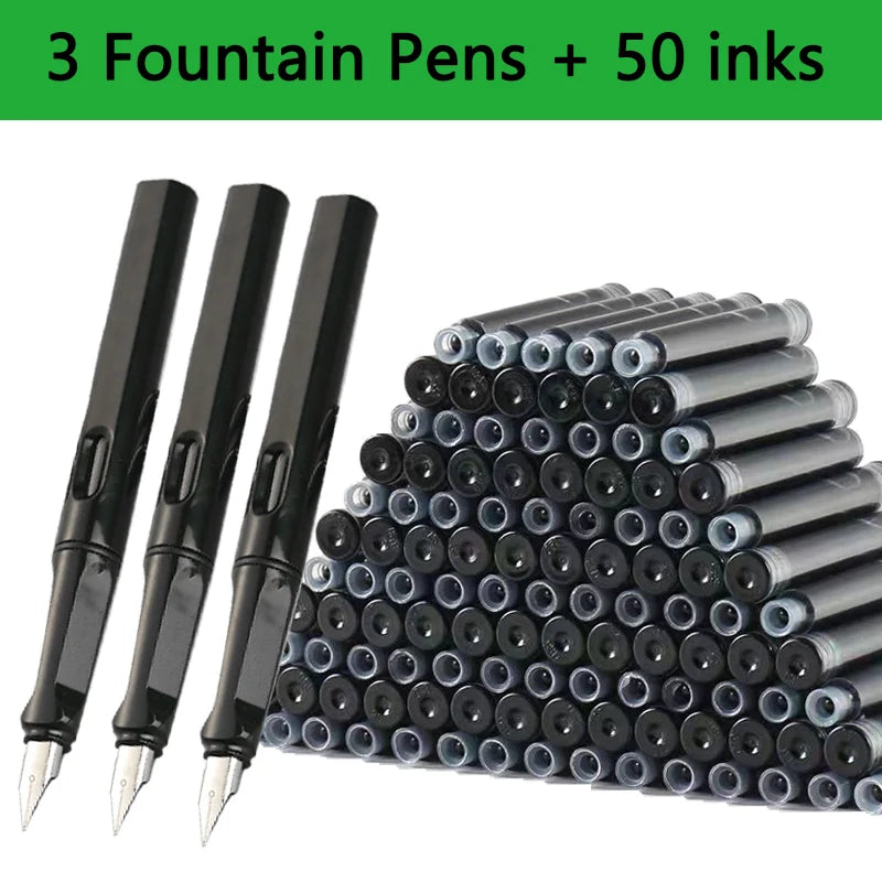53-Piece Fountain Pen & Ink Refill Set — 3 Pens + 50 Ink Cartridges in Black, Blue & Red