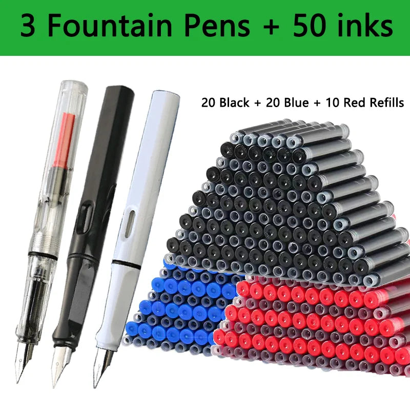 53-Piece Fountain Pen & Ink Refill Set — 3 Pens + 50 Ink Cartridges in Black, Blue & Red