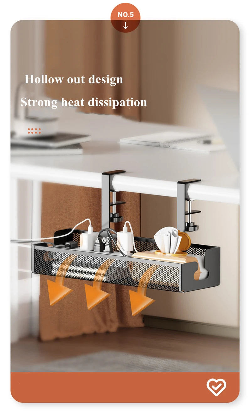 Under Desk Cable Management Tray — No-Drill Extendable Metal Wire Organizer with Clamp