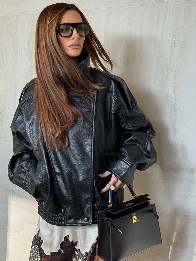 Women’s Faux Leather Zip-Up Jacket — Casual Streetwear Style