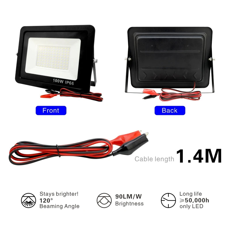 DC 12V LED Flood Light — 20W/30W/50W/100W Waterproof Outdoor Spotlight IP66