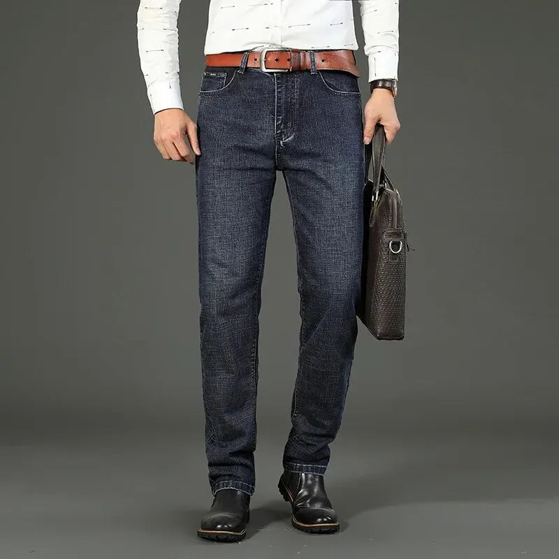WTHINLEE Men’s Slim Straight Business Jeans — Stretch Denim Casual Work Trousers in Blue & Black