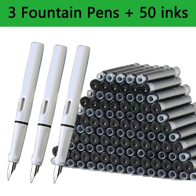 53-Piece Fountain Pen & Ink Refill Set — 3 Pens + 50 Ink Cartridges in Black, Blue & Red