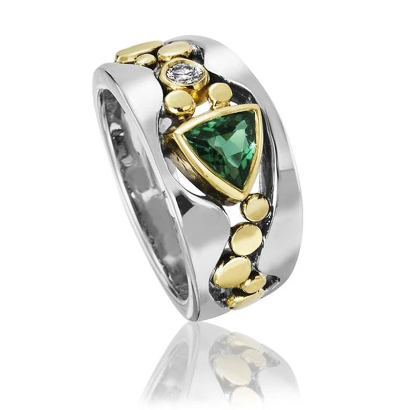 Two-Tone CZ Women's Ring — Blue & Green Geometric Band