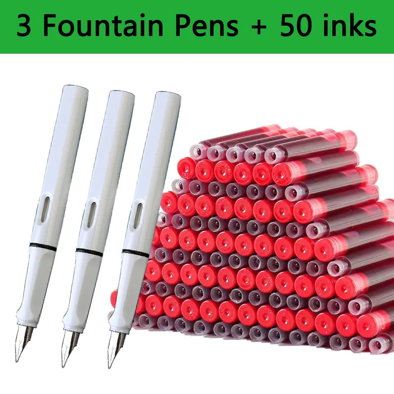 53-Piece Fountain Pen & Ink Refill Set — 3 Pens + 50 Ink Cartridges in Black, Blue & Red