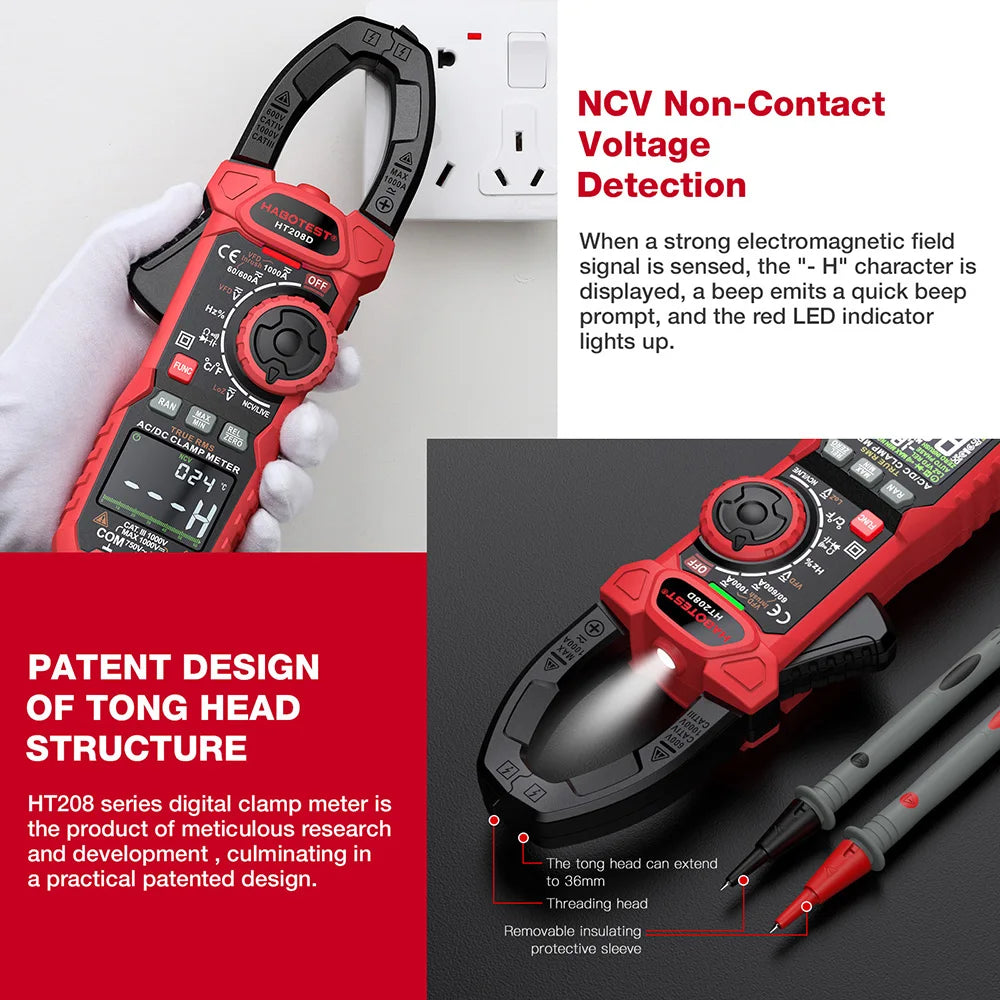 HABOTEST HT208 AC/DC Digital Clamp Meter — True RMS Multimeter with NCV & Capacitance