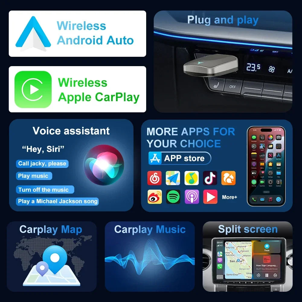 Adaptador inalámbrico para CarPlay y Android Auto — Convertidor Bluetooth Plug & Play para vehículos de 2016 en adelante