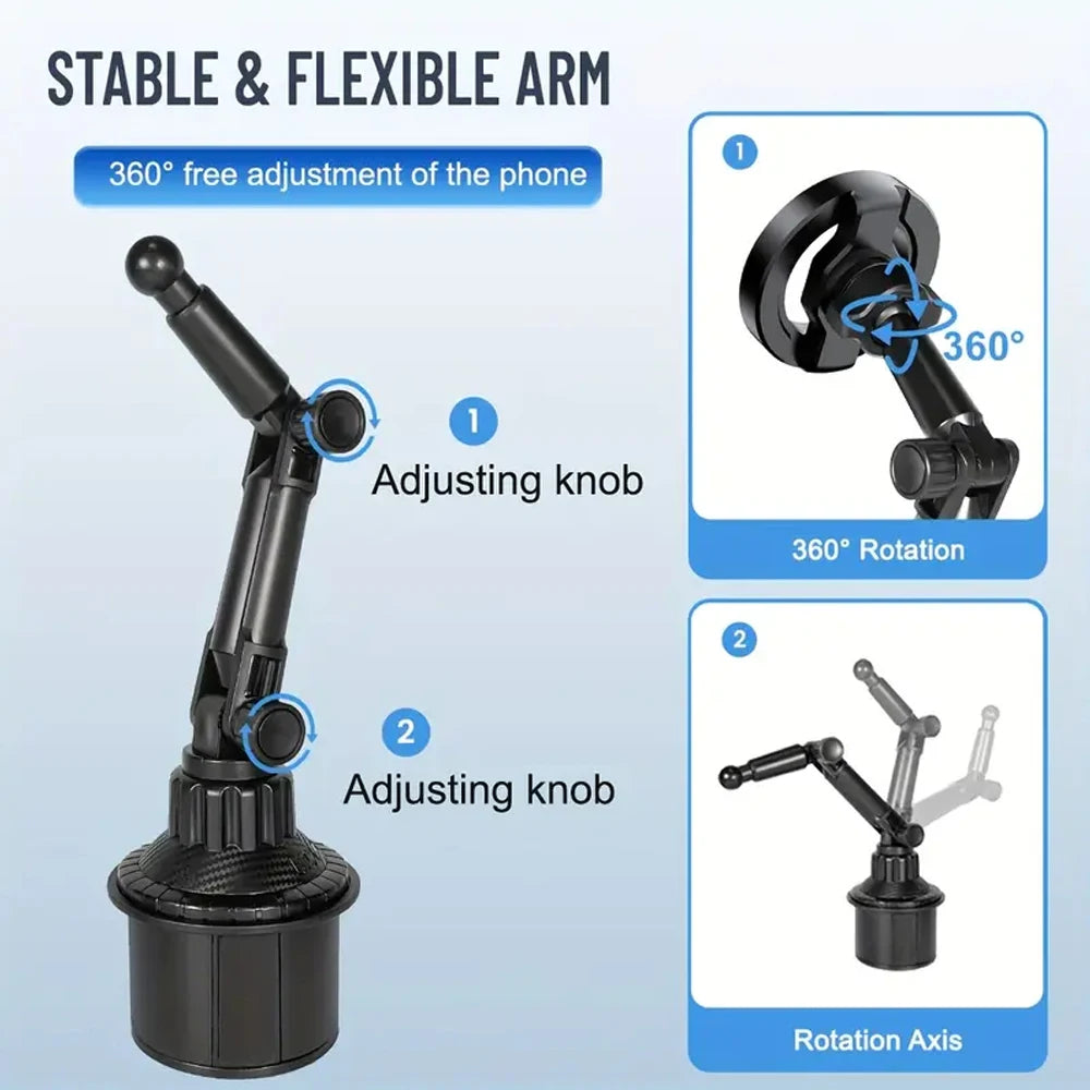 Magnetic Car Phone Mount — 360° Rotation Cup Holder Stand for MagSafe & All Smartphones