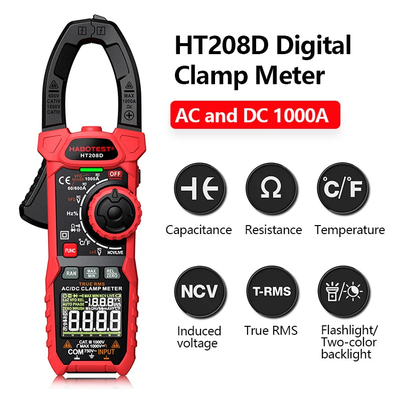 HABOTEST Digital Clamp Meter Multimeter — True RMS, AC/DC, 1000V/1000A