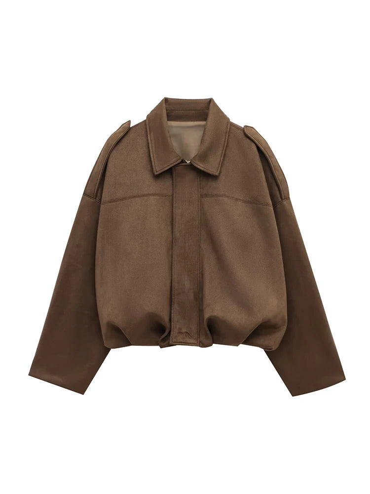 Vintage Women’s Oversize Bomber Jacket — Elegant Loose Fit Green Zip-Up Outerwear
