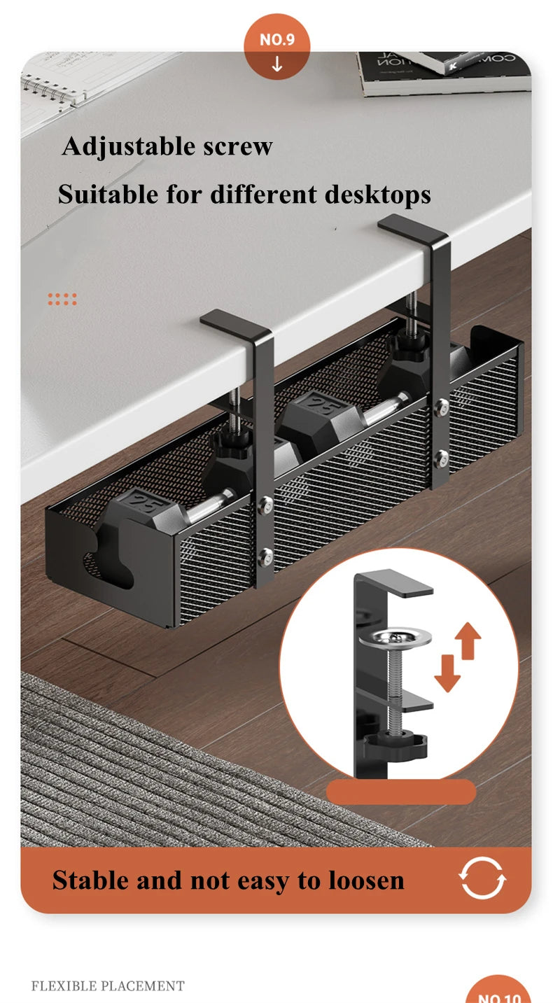 Under-Desk Cable Organizer Tray — No-Drill, Clamp-On