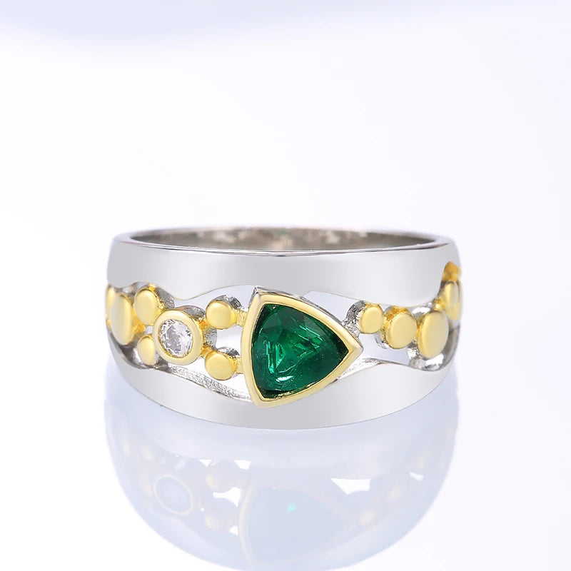 Huitan Two-Tone Triangular CZ Ring — Blue & Green Wedding & Engagement Band for Women
