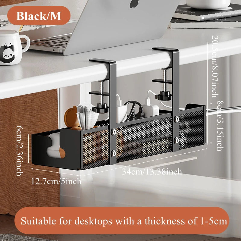 Under Desk Cable Management Tray — No-Drill Extendable Metal Wire Organizer with Clamp