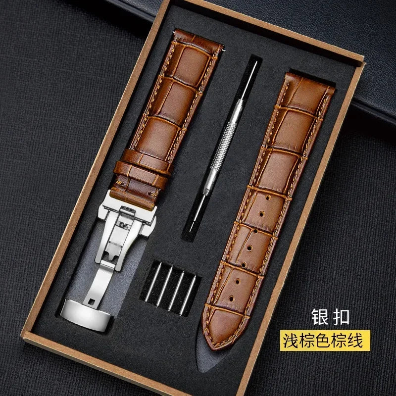 Correa de cuero genuino para reloj con caja de madera — Correa de repuesto con cierre desplegable de 18 mm/20 mm/22 mm