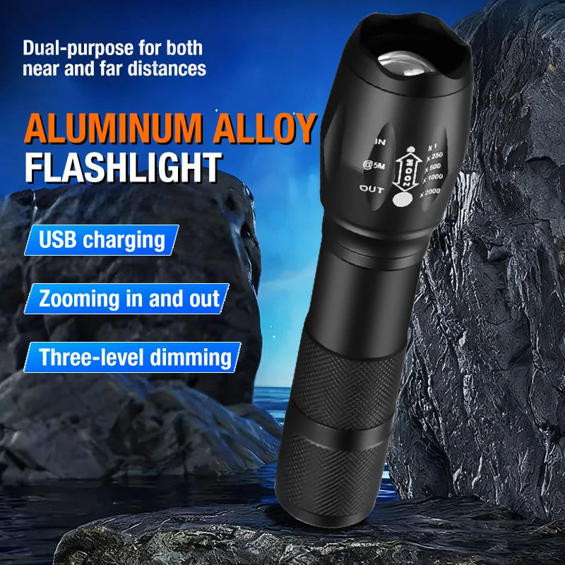 T6 LED Zoomable Rechargeable Flashlight — Aluminum Alloy Telescopic Outdoor Searchlight