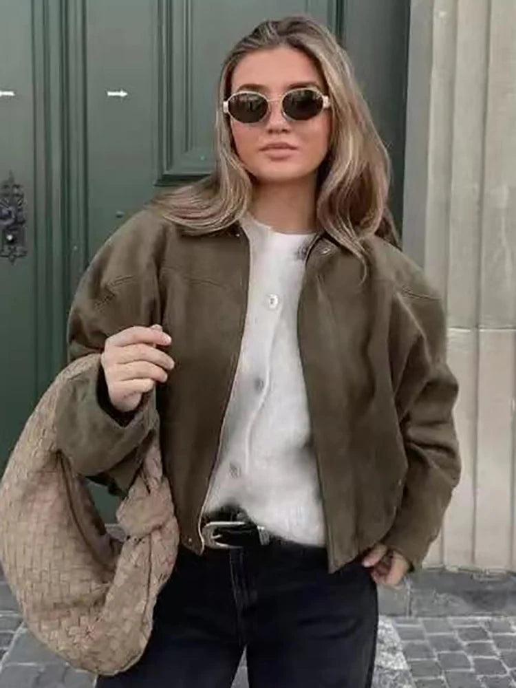 Vintage Women’s Oversize Bomber Jacket — Elegant Loose Fit Green Zip-Up Outerwear